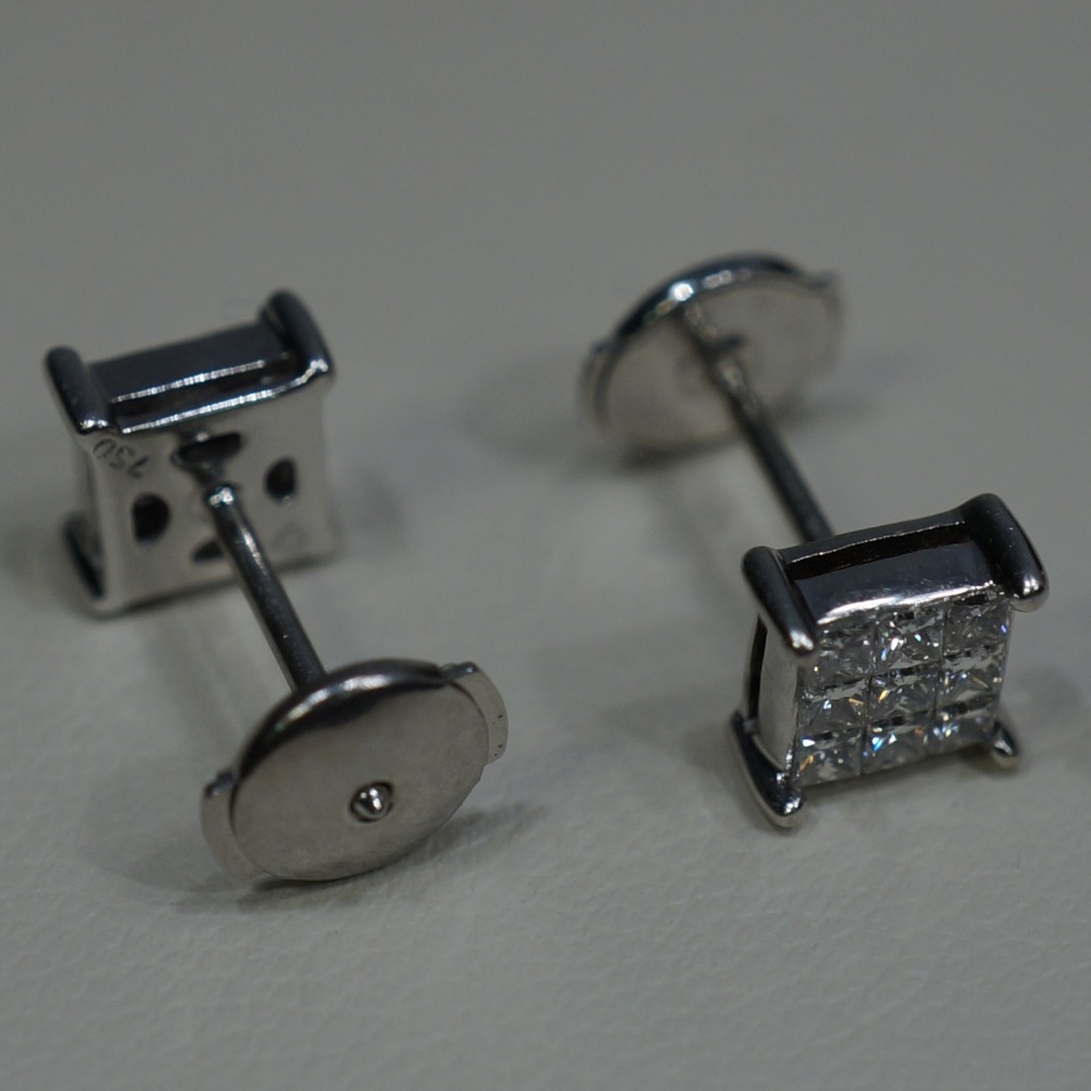 18KW Gold Invisible set Princess Diamond Earrings - Picture 4 of 7